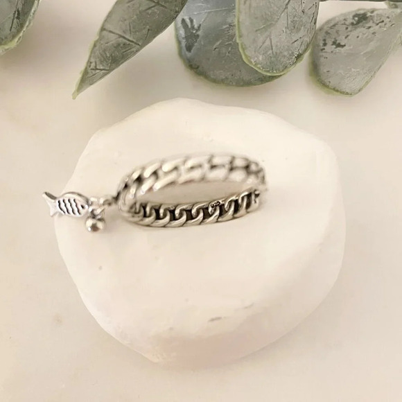 925 Sterling Silver Curb Chain Link Ring Dangle Ring Fish Ring Dainty Ring Band - Picture 9 of 9
